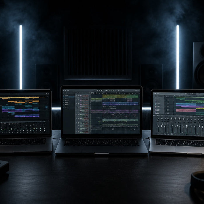 Three laptops showing DAW projects open for drum and bass production. One analysing the Drum & Bass Production Trends April 2026 Report by KAN Samples