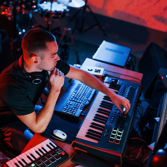 A drum and bass producer working on a 174 BPM session at their desk