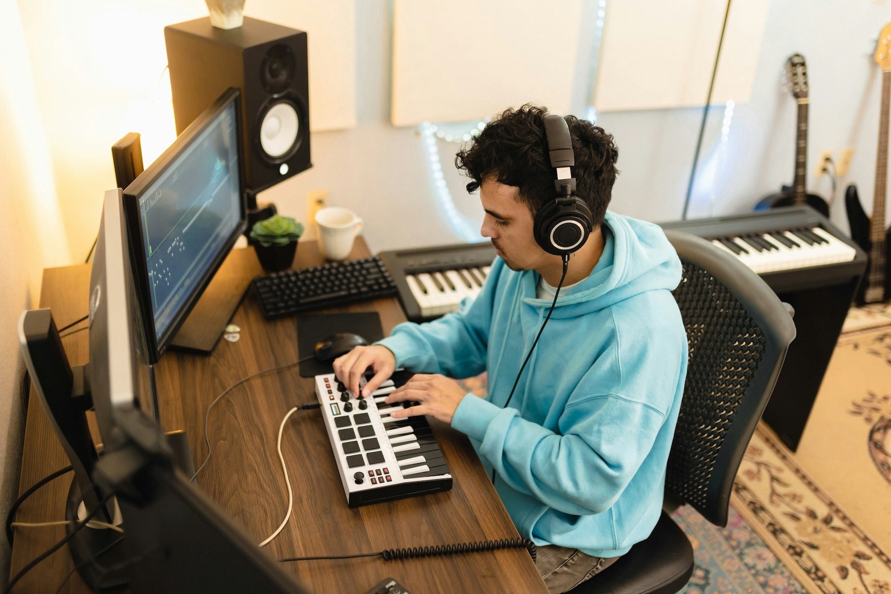 Hands editing an audio waveform on a laptop screen during a sample flipping session
