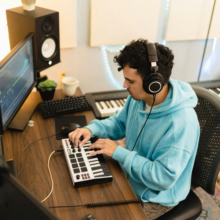 Hands editing an audio waveform on a laptop screen during a sample flipping session