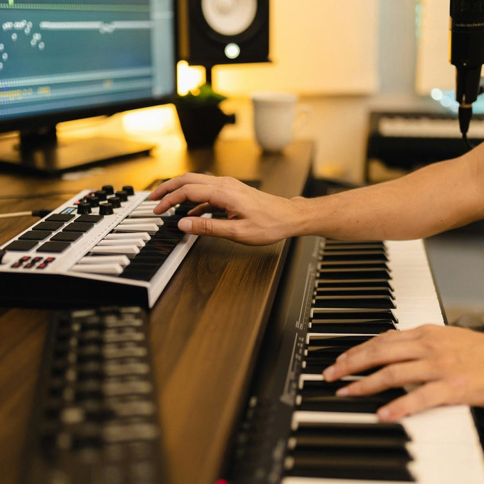 Producer programming individual drum one-shots on a hardware pad controller