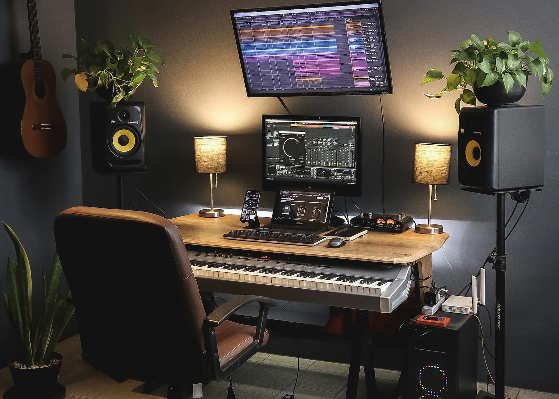 Producer running a focused studio session with a visible timer and reference track loaded