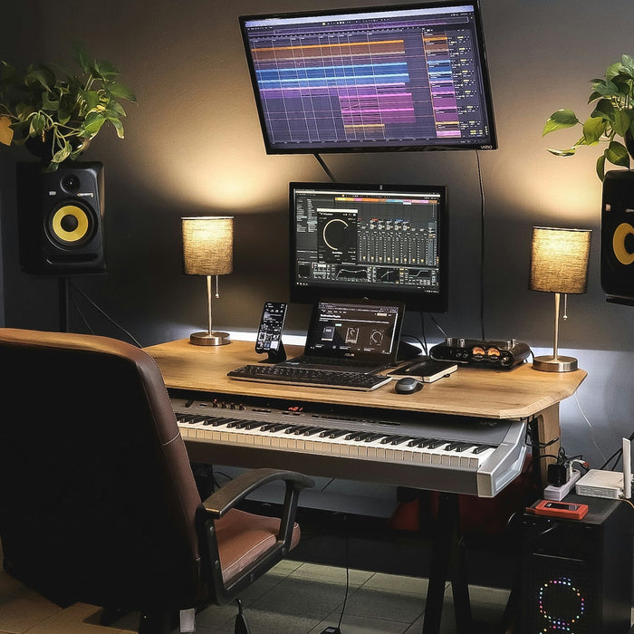 Producer running a focused studio session with a visible timer and reference track loaded