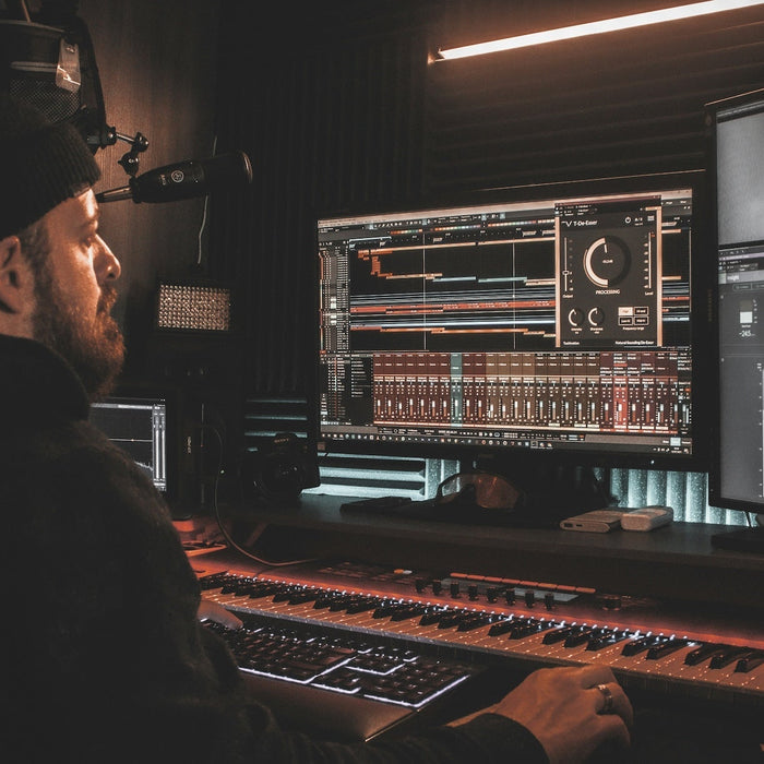 Producer working in their DAW with multiple project versions and a clear session layout